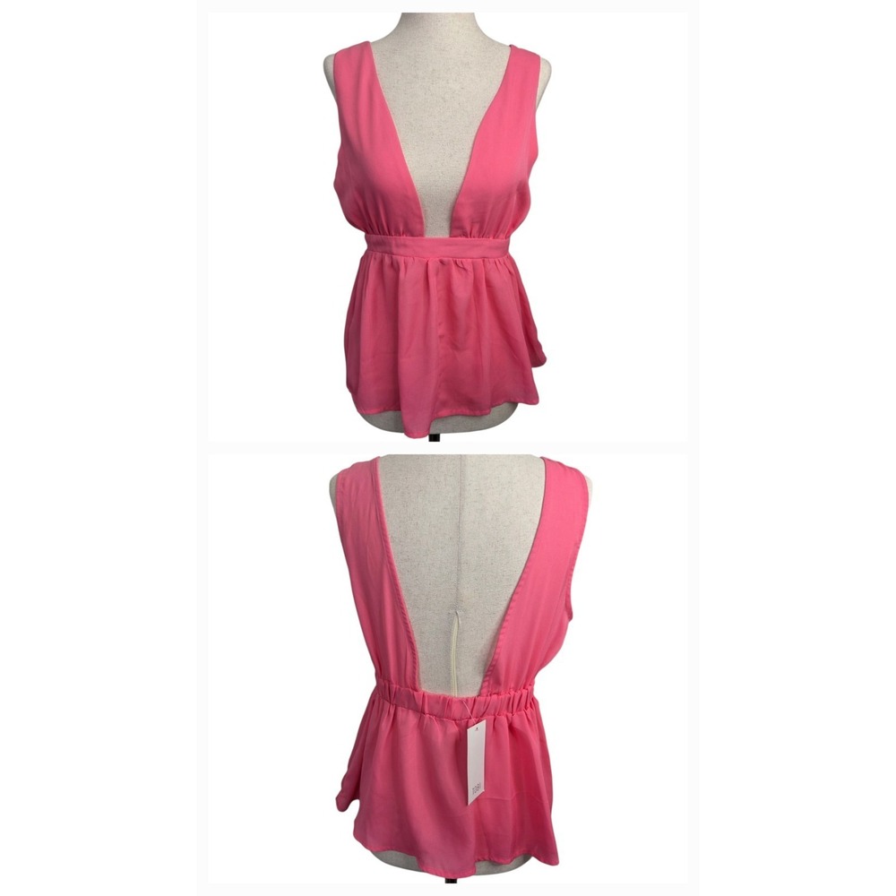 NEW TOBI Pink Deep Plunge Neckline Chiffon Peplum‎ Top SZ S Empire Waistline